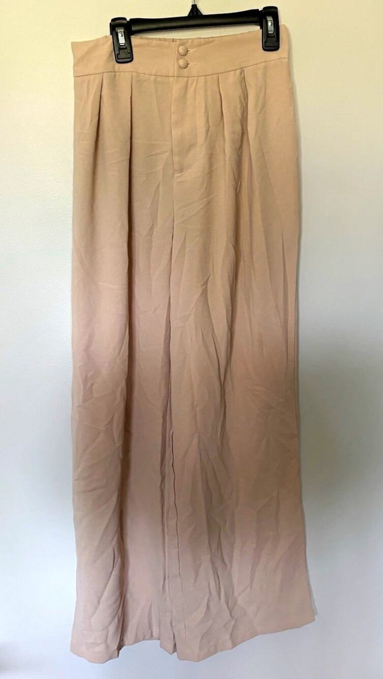 Poéselle Women's Beige Pleated Dress Pants, Button Closure, Solid, Size S